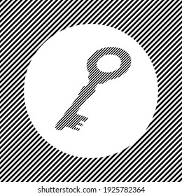 A large old key symbol in the center as a hatch of black lines on a white circle. Interlaced effect. Seamless pattern with striped black and white diagonal slanted lines