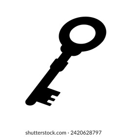 A large old key symbol in the center. Isolated black symbol