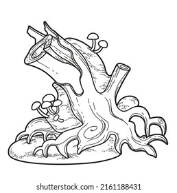 Large old stump with moss and toadstools  linear drawing for coloring isolated on white background