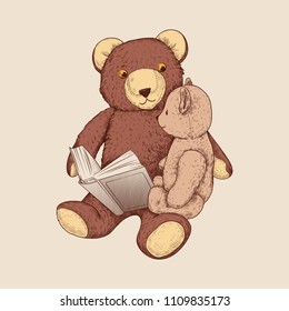 A large old teddy bear is reading a book to an old little teddy bear.Vintage toys.Sketch.Retro illustration.