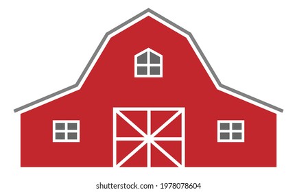 Large old-fashioned red barn house with three windows (front view).