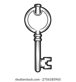 A large oldfashioned skeleton key with a circular bow and teeth isolated object icon