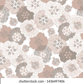 Large open anemone flower head shapes in tones of brown. Simplified open blooms with lines, texture and solid areas of brown, caramel and cream. Repeated vector for bedlinen, fashion and home.