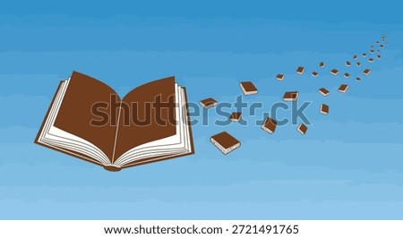 A large open book appears to be releasing many smaller flying books into the blue sky. This represents the spread of knowledge and education. The books flying away suggest exploration, learning, and