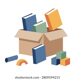 Large open cardboard storage box full of books and colorful wooden toy blocks isolated interior asset