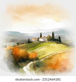 A large open grassland with trees and villa inside it Watercolor Style Portrait