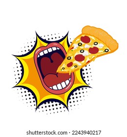 Una gran boca abierta comiendo pizza en un fondo blanco. Empresa de publicidad
afiche de arte pop de comida rápida. Símbolo de estilo de dibujo. Copiar pegado. Ilustración vectorial aislada. Concepto de hambre. Pieza de pizza.