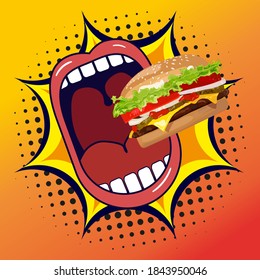 Large open mouth eating Sandwich on a dynamic background with gradient. Advertising company
fast food pop art poster. Cartoon style symbol. Copy paste. Vector illustration isolated. Hunger concept 