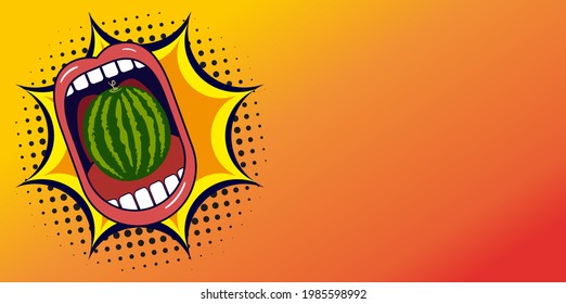 Large open mouth eating watermelon on a dynamic background with gradient. Advertising company
fruits and berry pop art poster. Cartoon style symbol. Vector illustration isolated. Watermelon magazine.