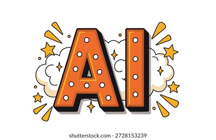Large orange AI letters with lights and stars around them