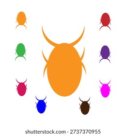 a large orange bug with two horns is surrounded by nine smaller bugs in different colors including red, pink, blue, green, purple, brown, and orange on a white background