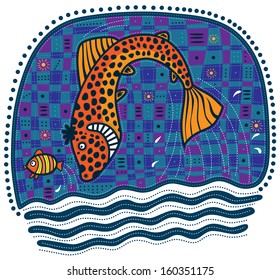 A large orange fish in the dark spots jumped over the little yellow fish. Decorative checkered background with waves at the bottom.