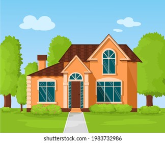 Large orange house with large windows outside in the summer. Bushes near the house with flowers. Country cottage with trees and meadows. Concept. flat style. Vector illustration