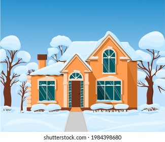 Gran casa naranja con grandes ventanas al aire libre en invierno. Bushes cerca de la casa en la nieve. Casa de campo con árboles y prados. Concepto. estilo plano. Ilustración del vector