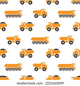 Large orange mining dump trucks isolated on white background. Construction equipment. Side view. Cute automotive seamless pattern. Vector simple flat graphic illustration. Texture.