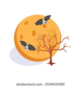 A large orange moon with bats flying over a barren tree