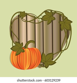 Large orange paper pumpkin with leaves and branches against a wooden heart from boards. Can be used in the newsletter, brochures, postcards, tickets, advertisements, banner. Halloween and Thanksgiving