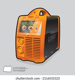 Large orange professional welding machine for semi-automatic type of welding, professional control panel and vertical arrangement of connection sockets