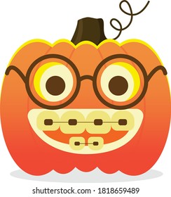 Large orange pumpkin with braces and glasses on a white background. Vector. Halloween symbol. Symbol of all saints day