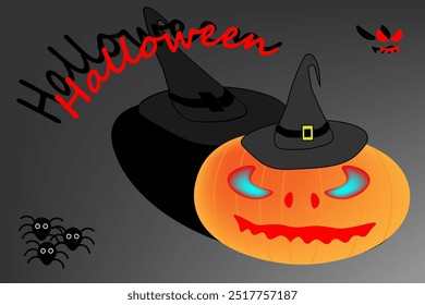 A large orange pumpkin with eyes on a dark background. The Halloween holiday. Colorful characters with different emotions. Postcard, flyer, banner, sticker. Vector illustration with shadows. 