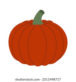 A large orange pumpkin with a green stem. The pumpkin is sitting on a white background. The pumpkin is the main focus of the image