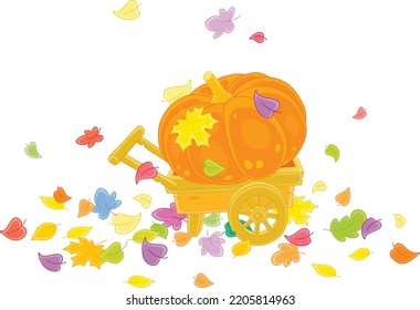 Large orange pumpkin on an old wood wheelbarrow among fallen colorful autumn leaves in a vegetable garden, vector cartoon illustration isolated on white