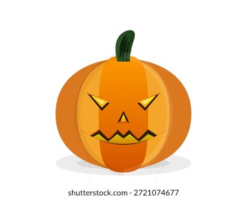 Una Grande calabaza naranja se sienta sobre un fondo blanco. La calabaza tiene una cara tallada con rasgos afilados, ojos amarillos y un tallo verde. Esto muestra el tema de Halloween.