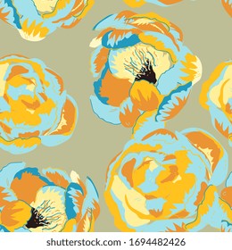 Large orange roses and peonies on a sage green background. Seamless vector pattern. Modern design for fabric and wallpaper.