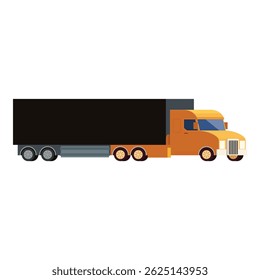 Grande caminhão laranja semircaminhão está transportando mercadorias em um grande reboque preto