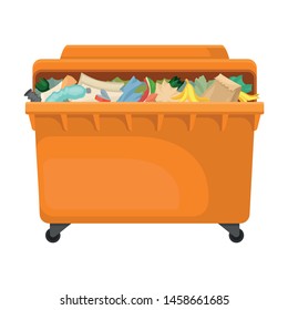 Large orange tank on wheels with a lid filled with garbage to the brim. Vector illustration on white background.