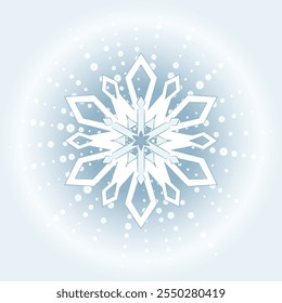 Grande copo de nieve blanco adornado sobre fondo claro. Elemento de diseño decorativo elegante para el sentimiento de invierno. Navidades copo de nieve patrón de Ilustración vectorial. Diseño de tarjeta de felicitación de Navidades. Día de nieve brumosa