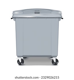 Large outdoor plastic dustbin with hinged lid and wheels vector mockup. Wheeled dust bin realistic mock-up. Big industrial trash waste container. Template for design