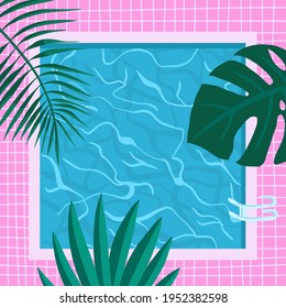 Large outdoor pool, flat lay. Blue torn water in the pool, top view.

Pool party summer invitation poster concept with retro style vector illustration and place for text