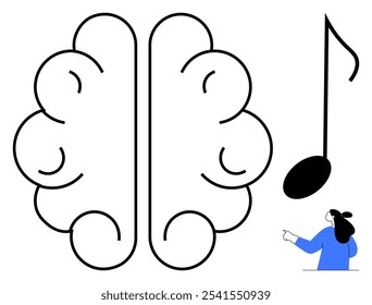 Large outline of brain next to a musical note and a minimalistic figure pointing at it. Ideal for education, neuroscience, music therapy, cognitive studies, creativity