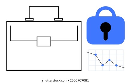 Large outline of a briefcase alongside a blue lock icon and a line graph with descending trend. Ideal for business finance market analysis data security corporate safety. Simple clean modern style