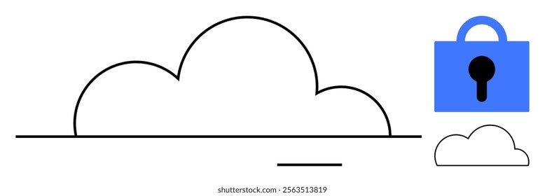 Large outline of a cloud alongside a smaller solid cloud with a lock icon. Ideal for themes related to cloud storage, data security, online privacy, internet services, and digital protection