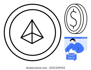 Large outline of a coin with geometric symbol in center, smaller outline of a coin with a dollar sign, and person with cashback sign. Ideal for cryptocurrency, digital finance, savings, online