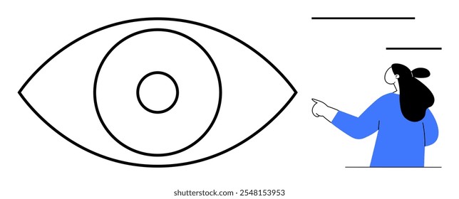 Large outlined eye on left and person in blue pointing on right with alignment bars at top and bottom. Ideal for design, education, vision concepts, presentations, and minimalistic themes. Simple