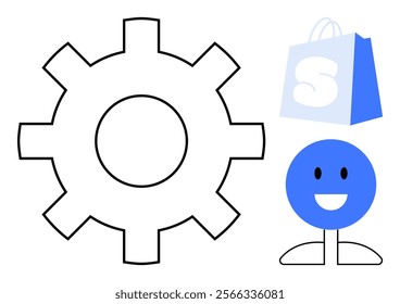 Large outlined gear beside a blue shopping bag with letter S and smiling blue circle character. Ideal for e-commerce, customer support, technical service, online shopping, software development