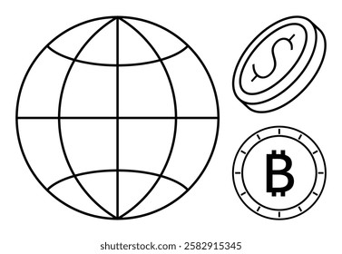 Large outlined globe in the center, dollar coin and Bitcoin coin on the right. Ideal for finance, cryptocurrency, global trade, economics, fintech, international transactions, stock markets. Line