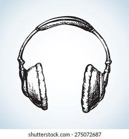 Large overhead fashionable modern full-size headphones with pillows embouchure. Vector freehand ink drawn background sketchy in art scribble style pen on paper. View close-up with space for text