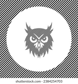 A large owl head symbol in the center as a hatch of black lines on a white circle. Interlaced effect. Seamless pattern with striped black and white diagonal slanted lines