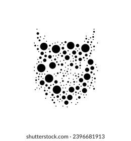 A large owl head symbol in the center made in pointillism style. The center symbol is filled with black circles of various sizes. Vector illustration on white background