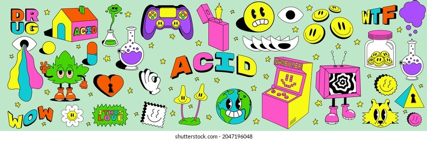 Large pack of acid abstract characters and objects. In a cartoon style, a set of bright psychedelics, all elements are isolated