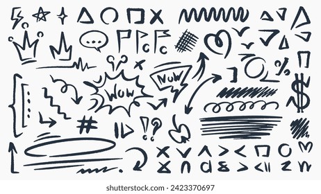 Large pack of vector sketch elements. A set of different symbols for design.