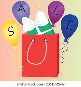 large package with gift purchases, balloons with the text sale. Vector illustration in a flat style