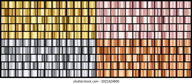 Gran paquete de gradientes metálicos. Colección de texturas de oro, plata, oro rosa y bronce, plantillas de diseño, conjunto de vectores