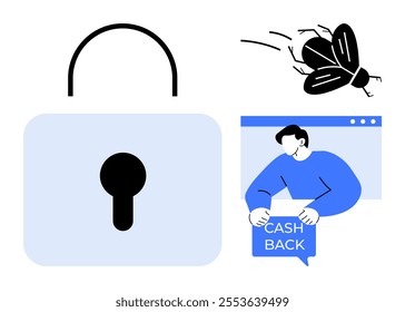 Large padlock with keyhole, a flying insect, and a man holding a cashback sign. Ideal for themes of security, safety, online shopping, cashback rewards, and anti-bug software. Simple vector style