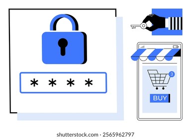 Large padlock with password entry box security key held by a striped hand and a, smartphone with online shopping elements Ideal for cybersecurity ecommerce safety online transactions and data