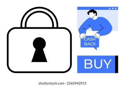 Large padlock symbol, representing security. Man holding cashback sign within web browser window. Blue buy button. Ideal for cybersecurity, e-commerce, online shopping, rewards programs, user